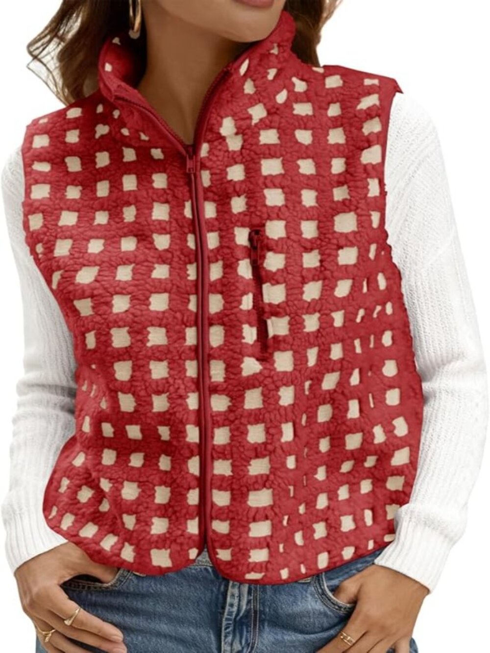 Women's Red & Cream Check Sherpa Zip Front Vest NEW